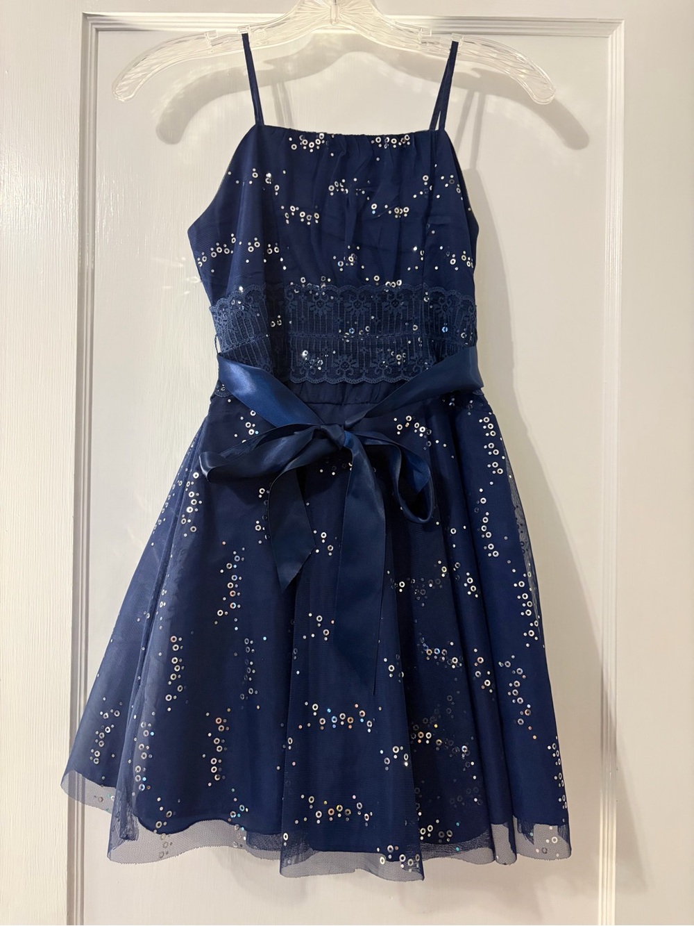 Cute Girls Navy Sequin Bow Formal Dress with Spaghetti Straps